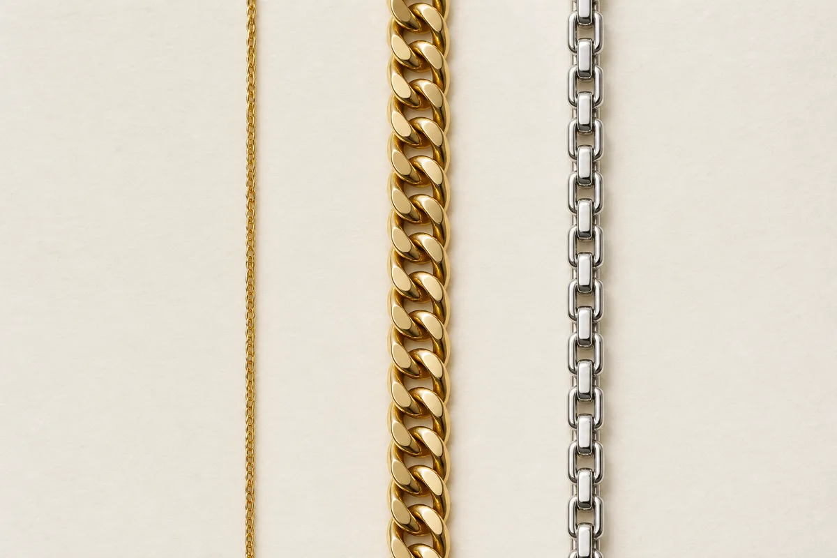 Trois colliers de mailles differentes poses cote a cote sur un tissu clair