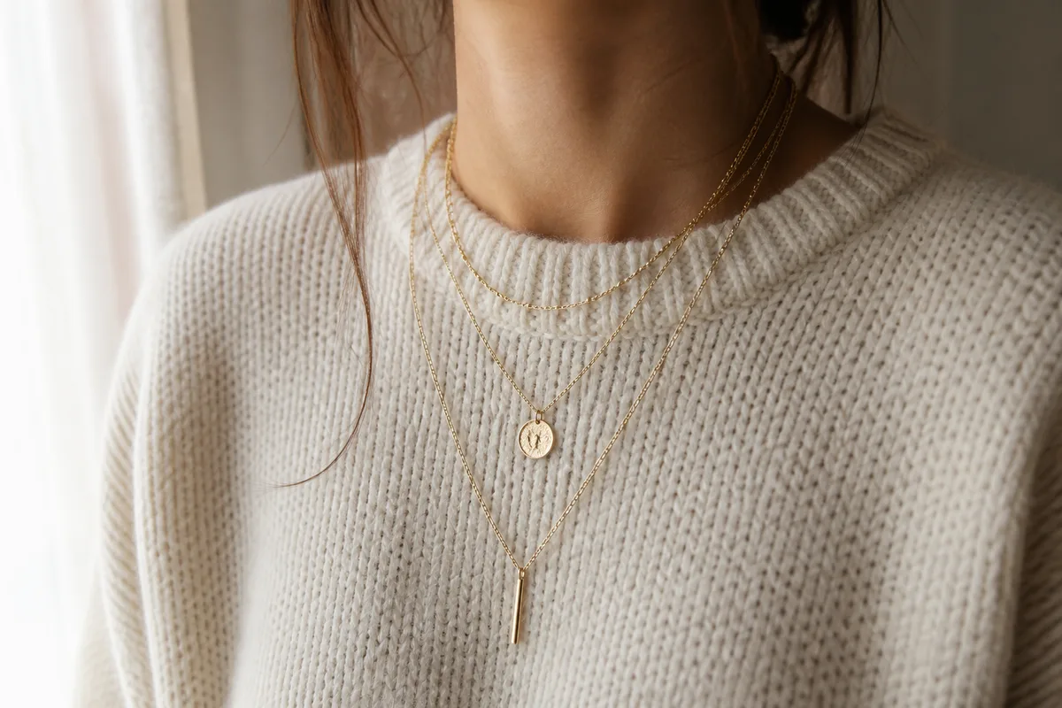 Superposition de trois chaines fines de longueurs differentes sur un pull clair