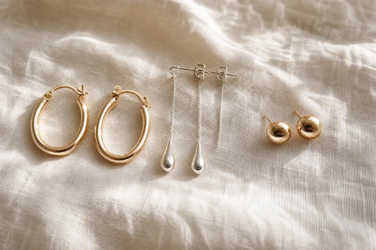 Boucles d’oreilles pendantes et créoles posées sur un tissu clair