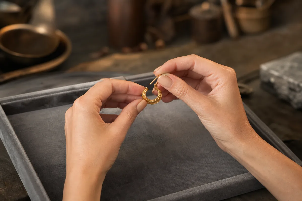 Mains tenant une paire de boucles d’oreilles en or devant un plateau de bijoutier