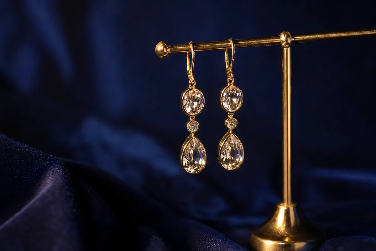 Boucles d’oreilles pendantes captant la lumière sur un fond sombre